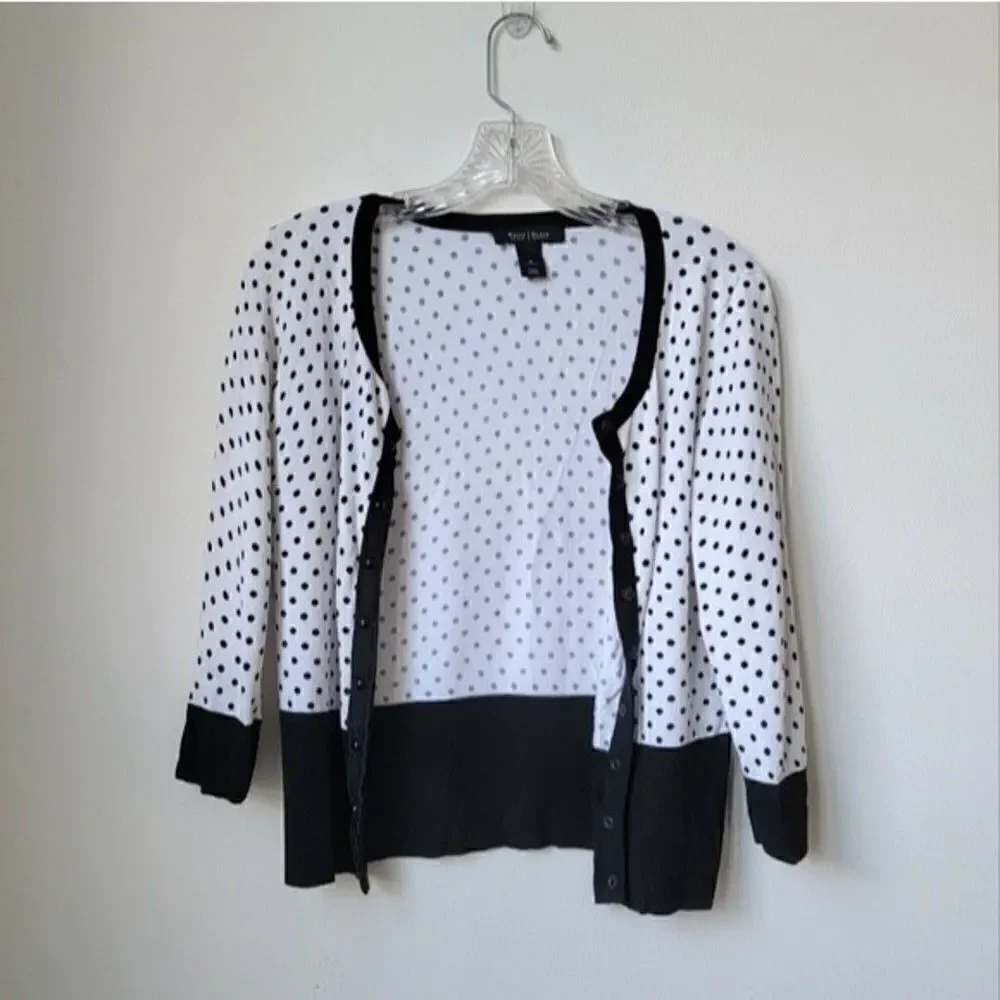 WHITE House Black Market Polka Dot Print Black White 3/4 Sleeve Cardigan Small - Picture 6 of 9